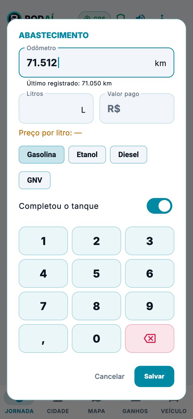 Janela de abastecimento com odômetro, litros, valor e combustível