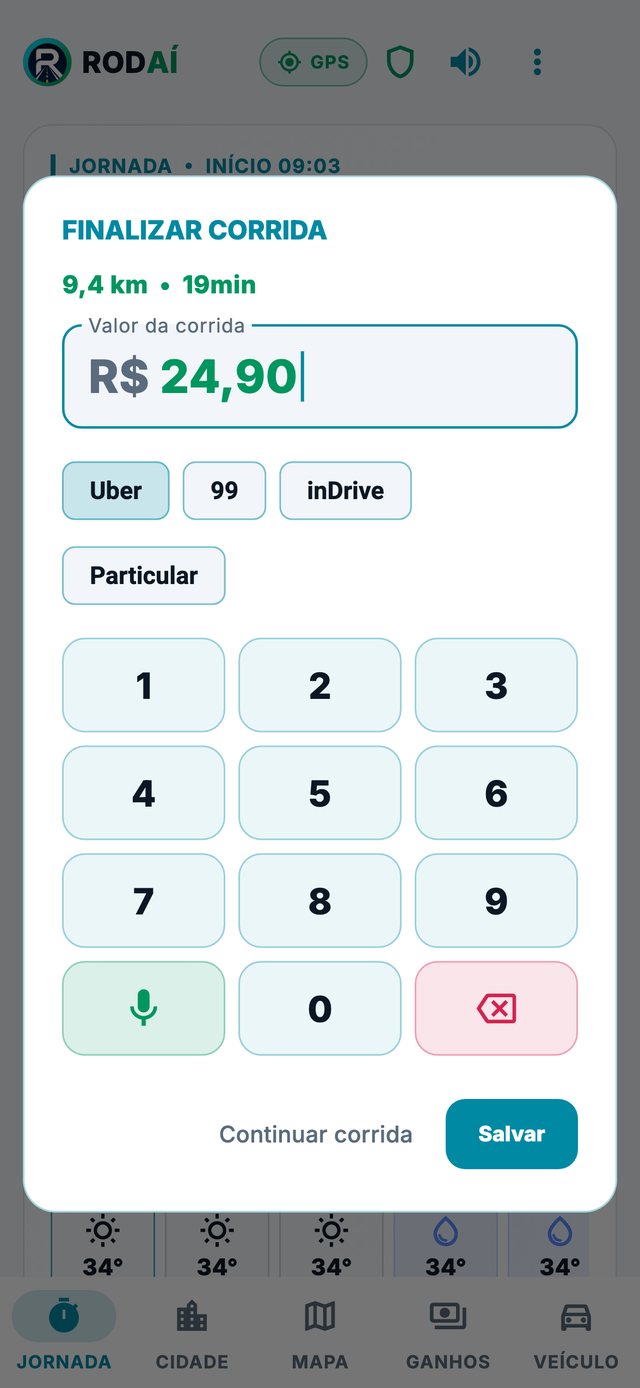 Janela Finalizar corrida com o valor digitado no teclado do app