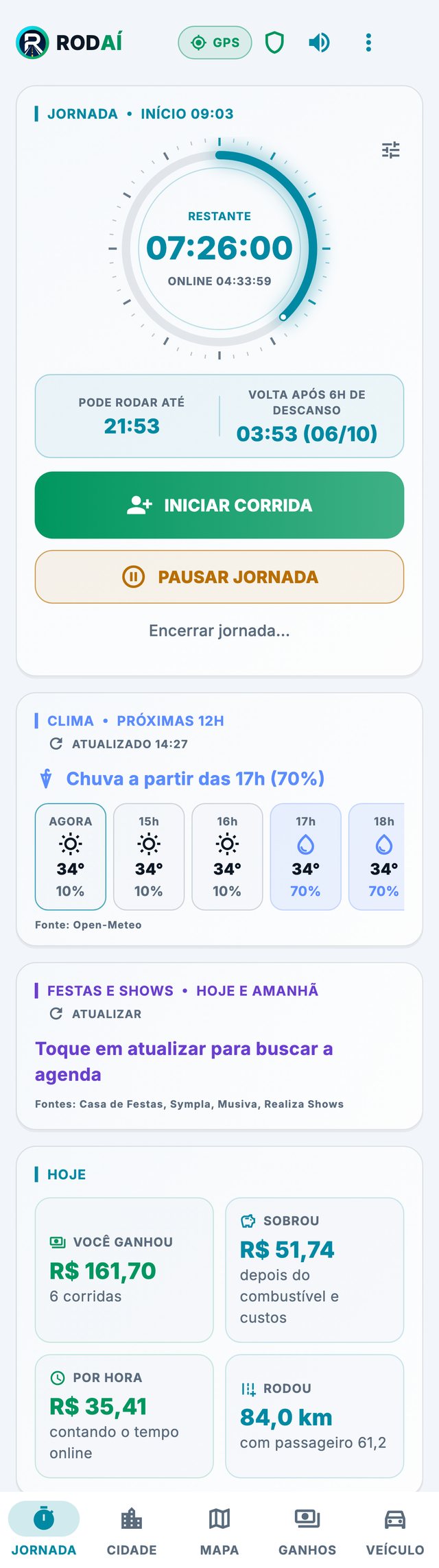 Tela Jornada com o tempo restante e os botões de corrida e pausa